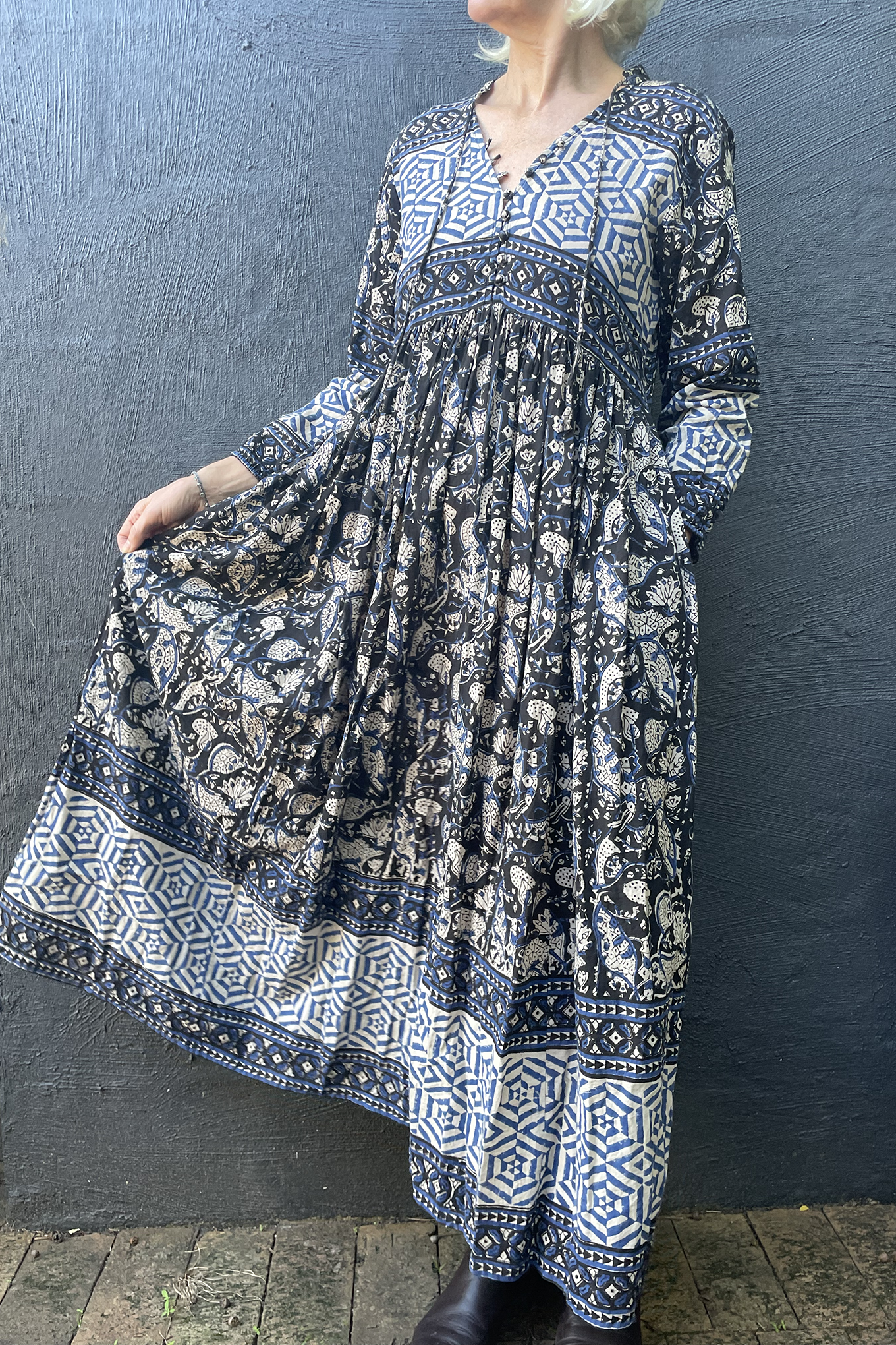 Bagru blockprint maxi dress in indigo and black and white tones.