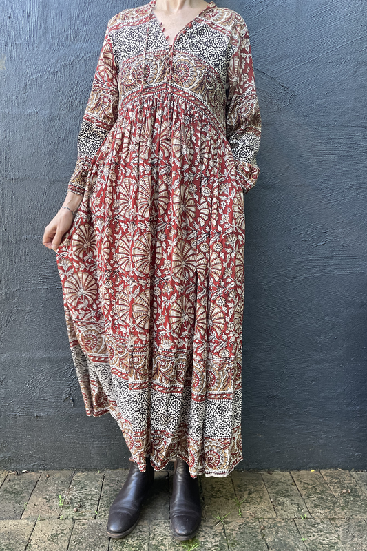Bagru blockprint maxi dress in rust and black and white tones.