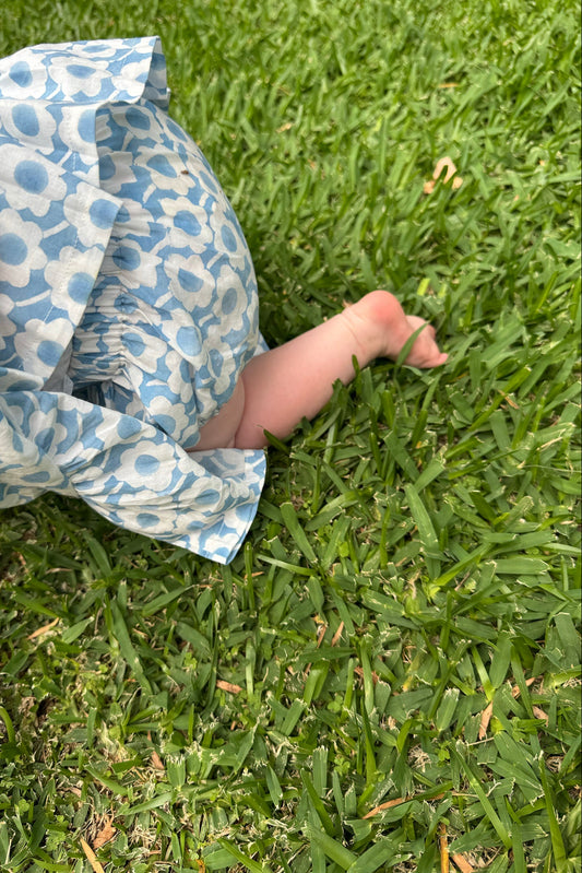 Juni Kids pure cotton blockprint baby toddler bloomers in light blue and white flower print.