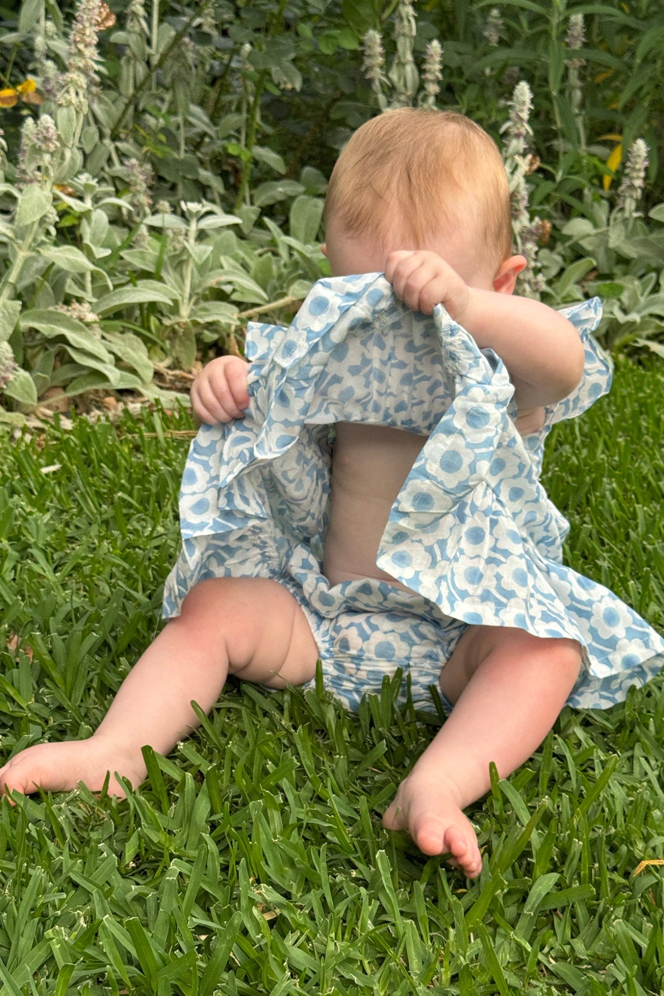 Juni Kids pure cotton blockprint baby toddler bloomers in light blue and white flower print.