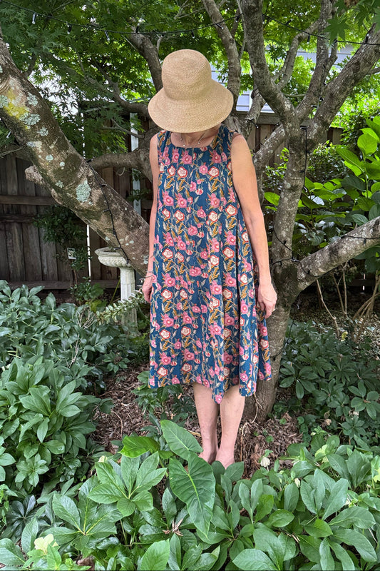 Juniper Hearth Tulsi cotton sleeveless sun dress blockprinted multicolour floral on blue.
