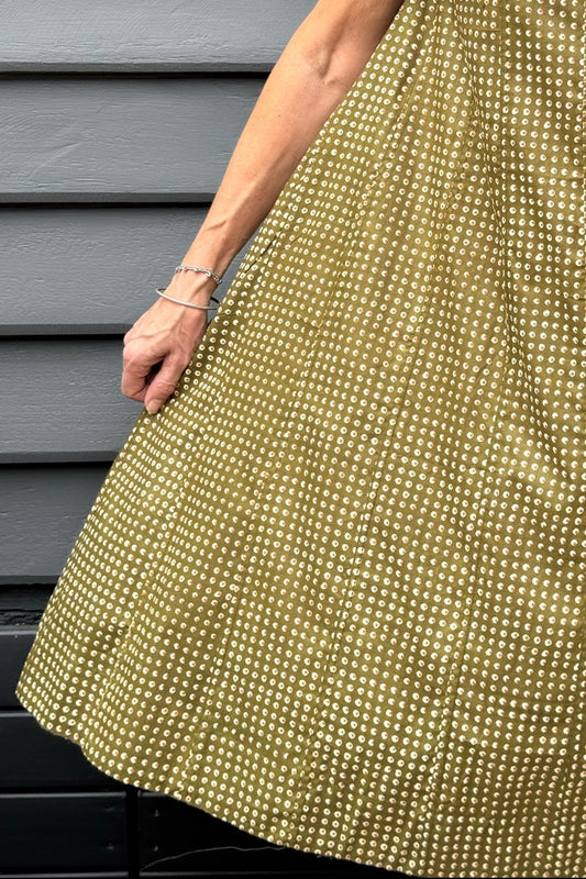 Juniper Hearth Tulsi cotton sleeveless sun dress screenprinted dots on olive green.