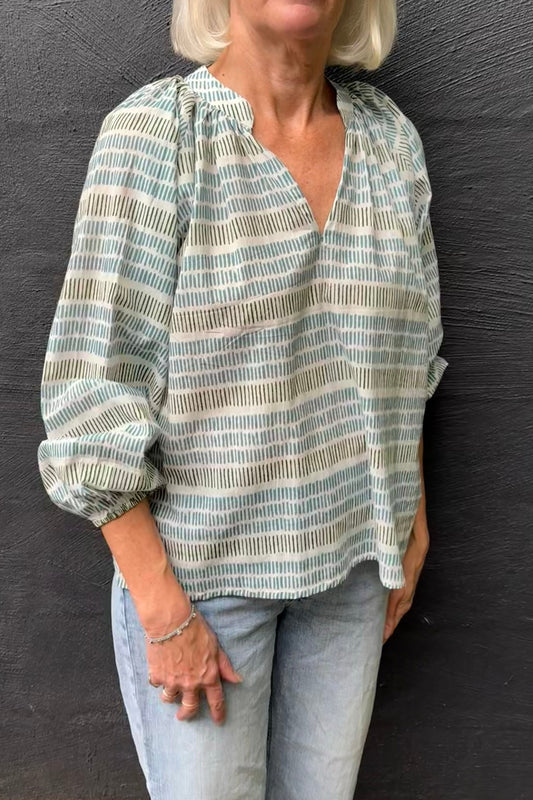 Cotton blockprint blouse white with blue and olive green stripes of stripes.