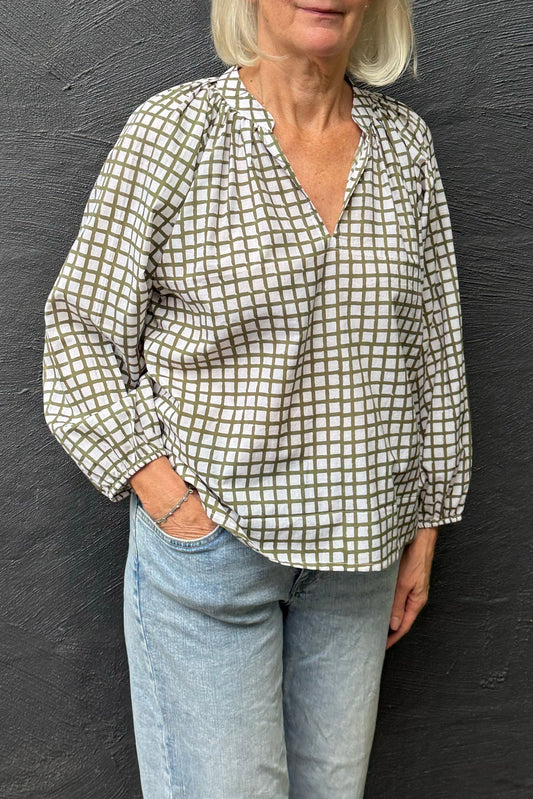 Green and white tile check blouse, blockprinted cotton.