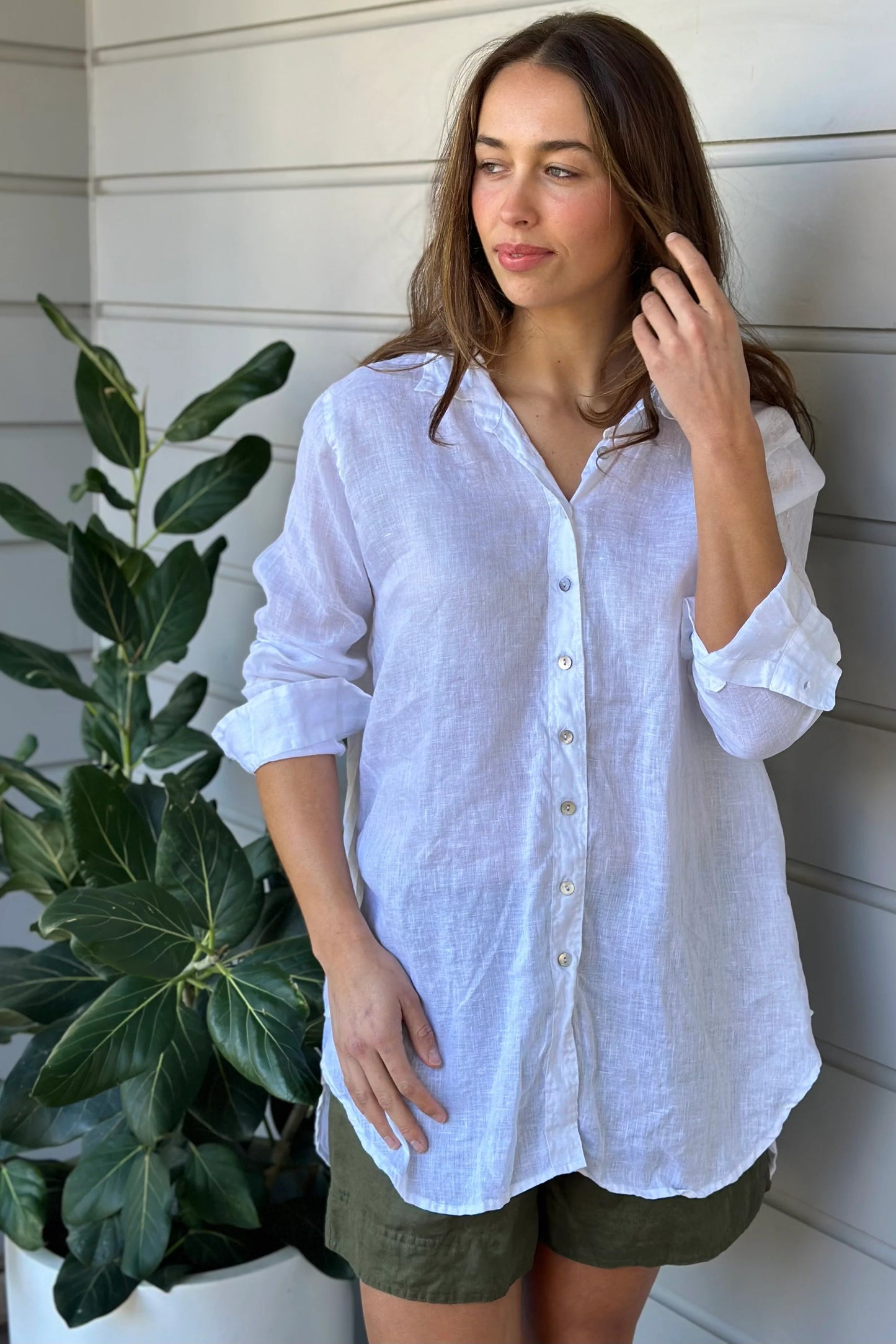 Frockk white linen button up Skyla shirt.