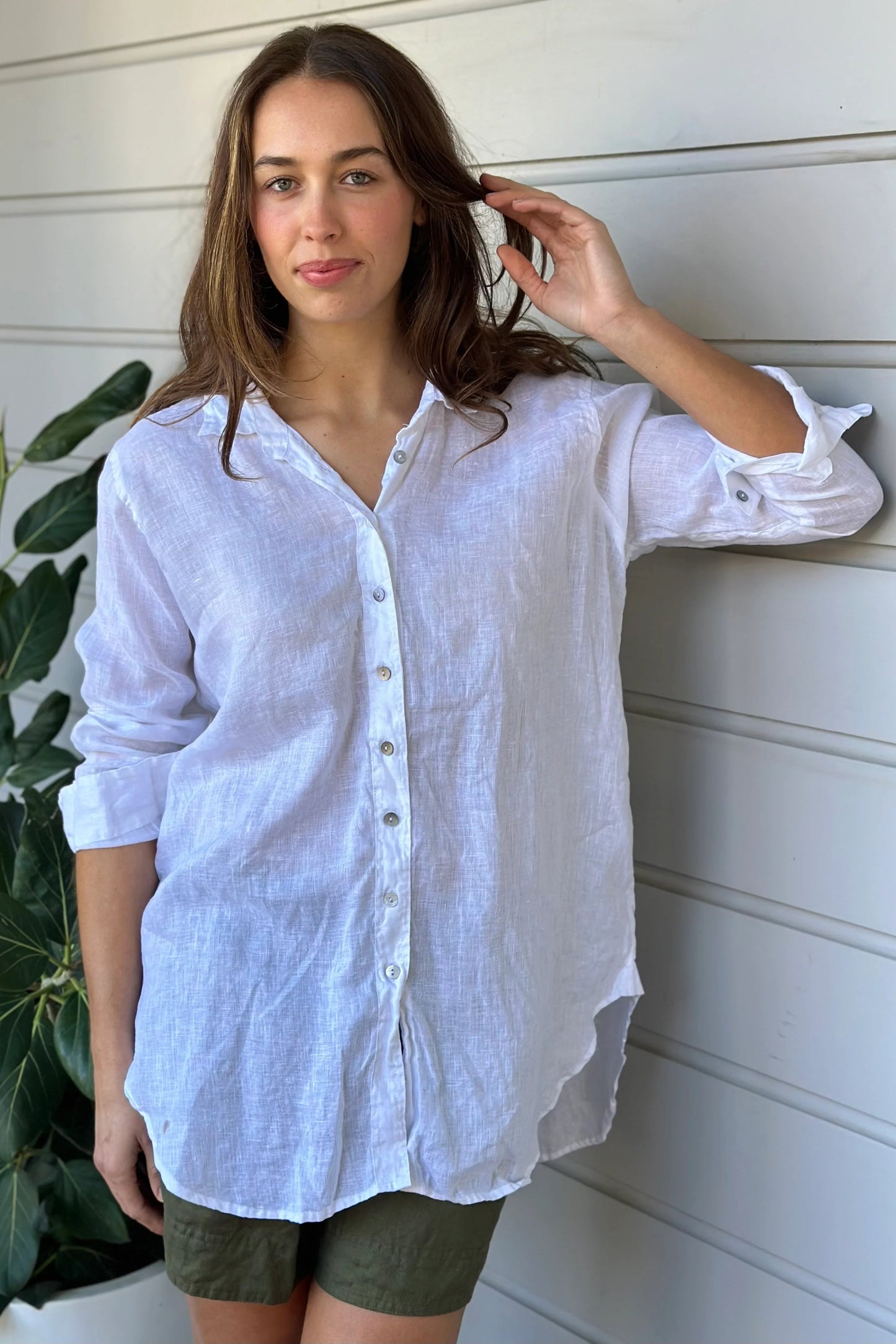 Frockk white linen button up Skyla shirt.