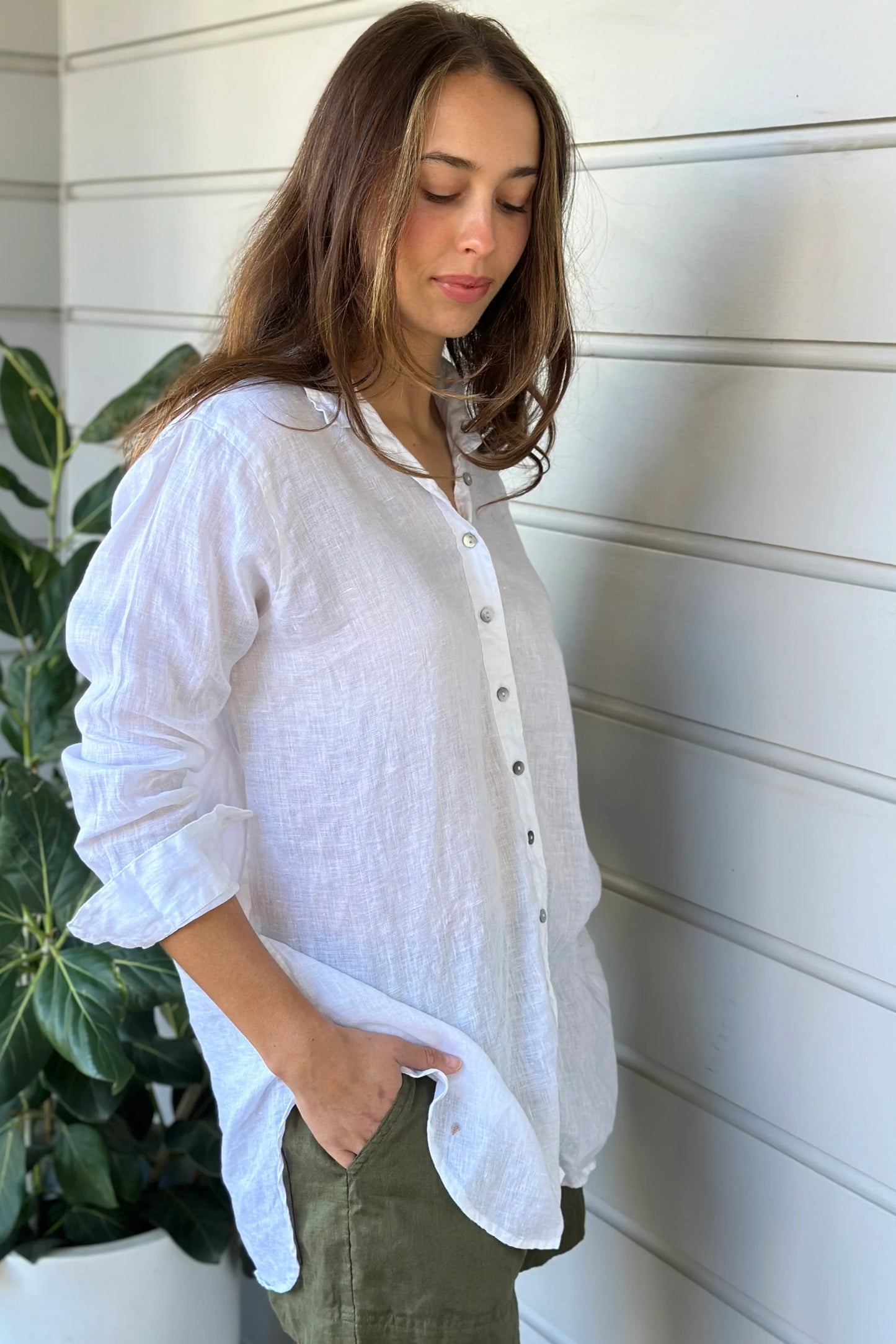 Frockk white linen button up Skyla shirt.