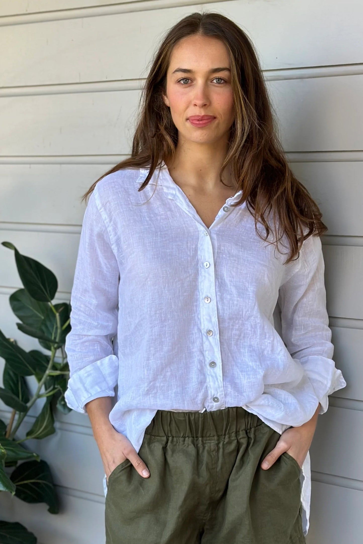 Frockk white linen button up Skyla shirt.