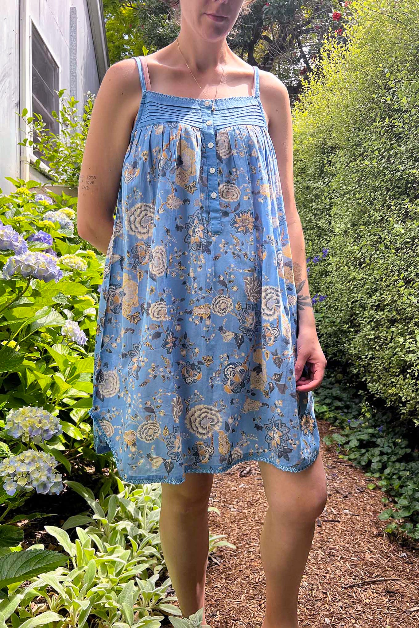 Juniper Hearth nightdress in Malabar sky, floral print on sky blue.