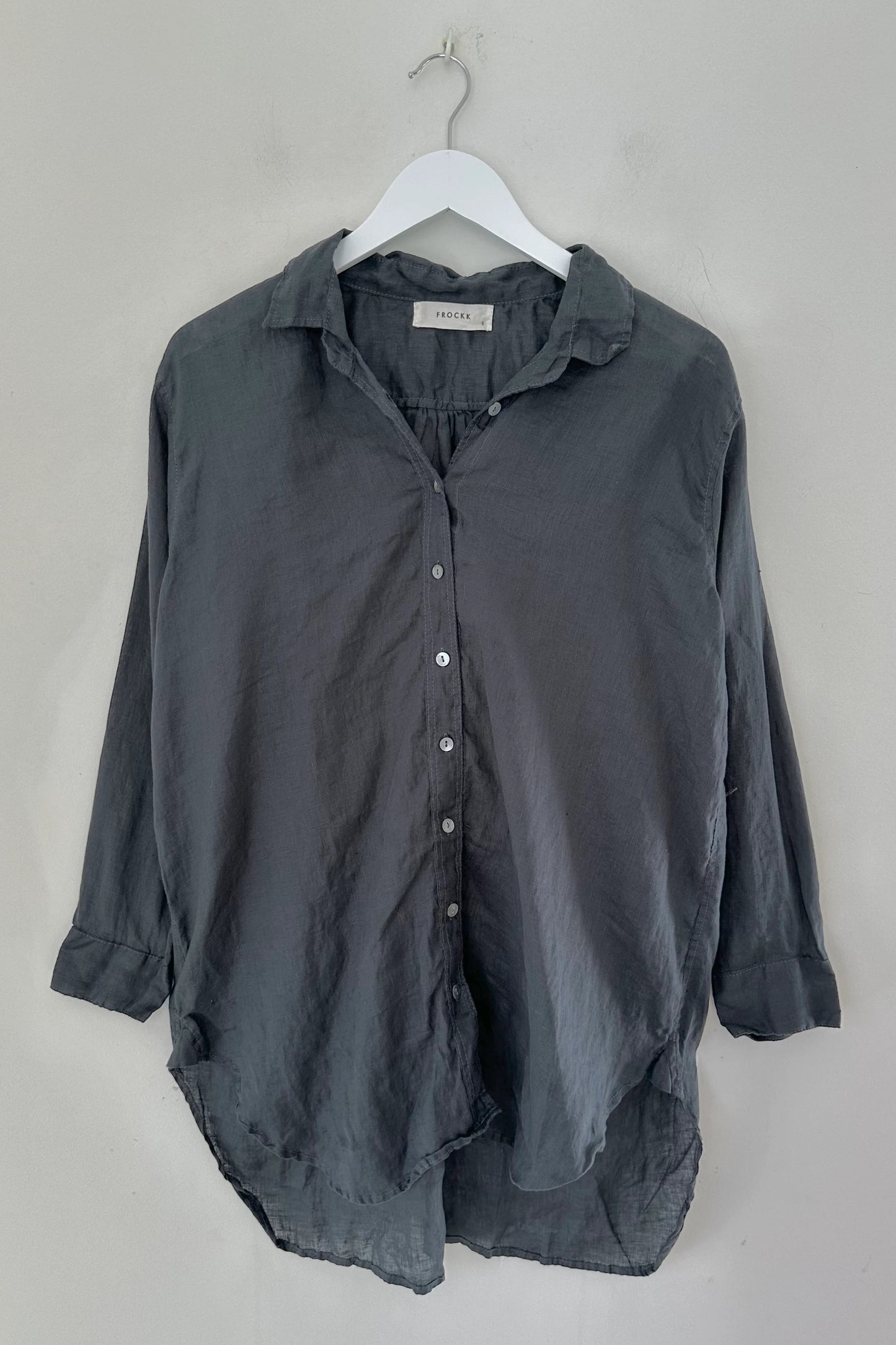 Frockk charcoal linen button up Skyla shirt.