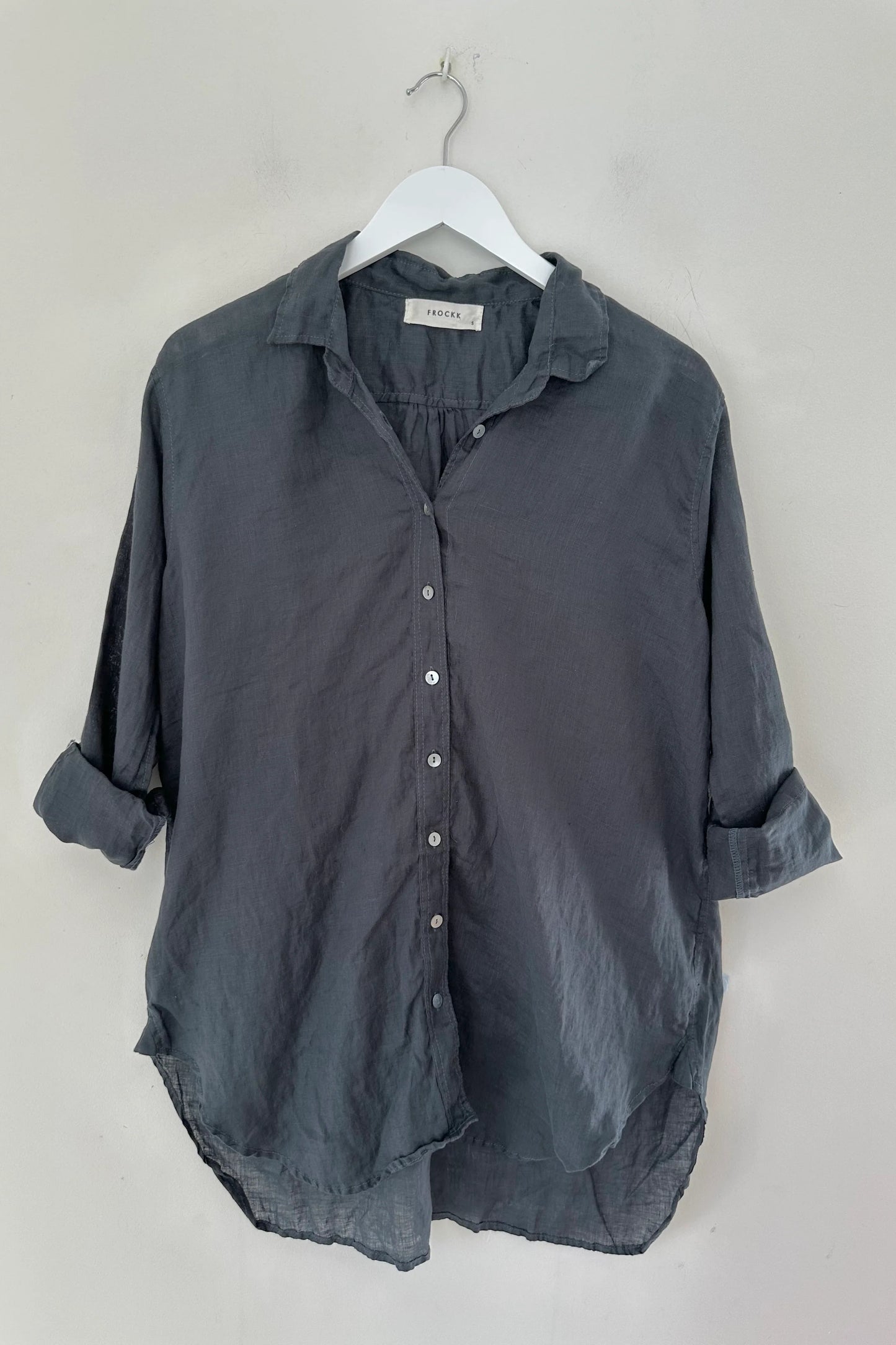 Frockk charcoal linen button up Skyla shirt.