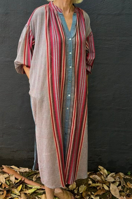 Handloom cotton check and stripe button up shirt dress in pinks and blues.