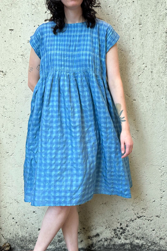 Dve one size cotton silk check Mira dress with gathered bodice in Parisian blue.