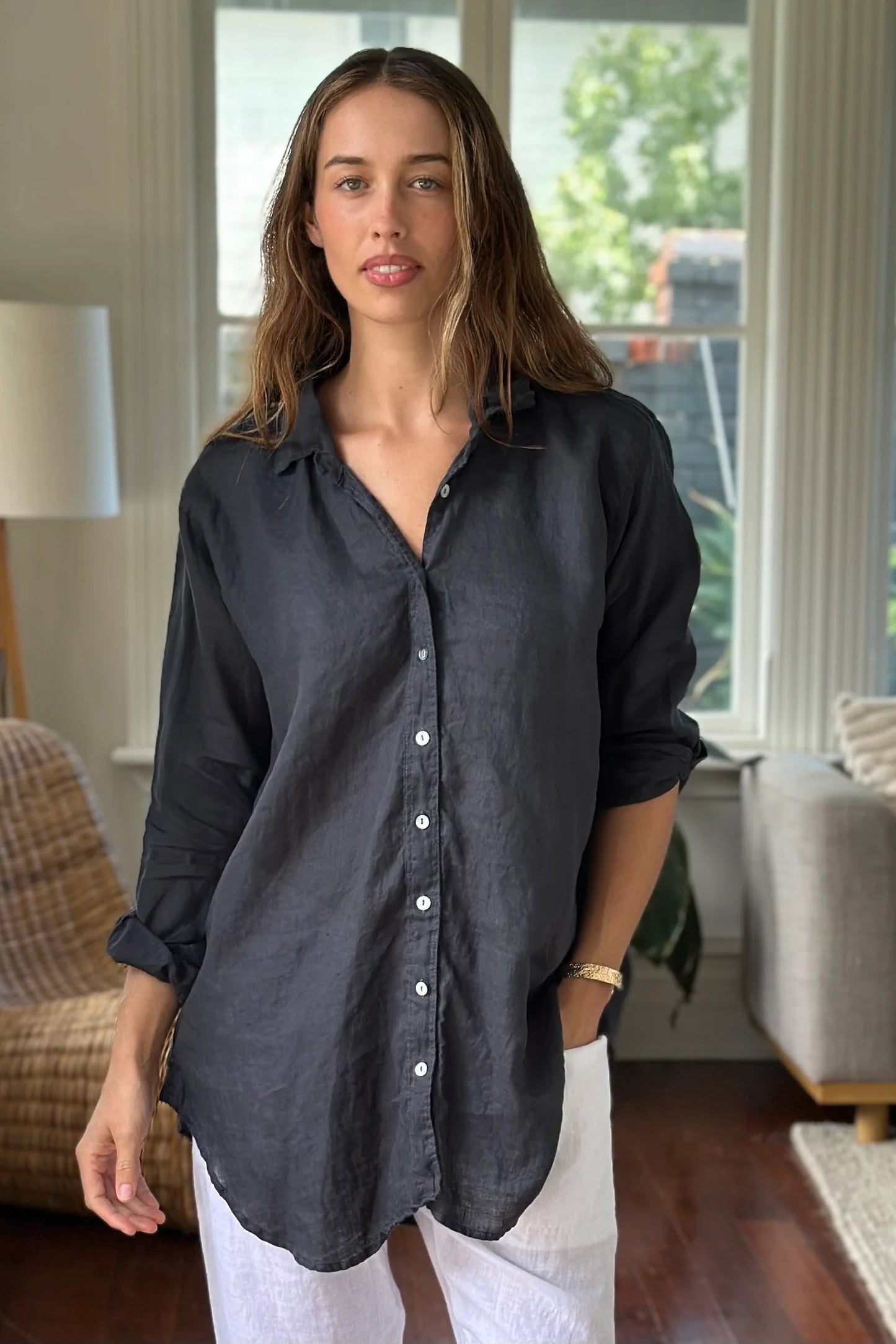 Frockk charcoal linen button up Skyla shirt.