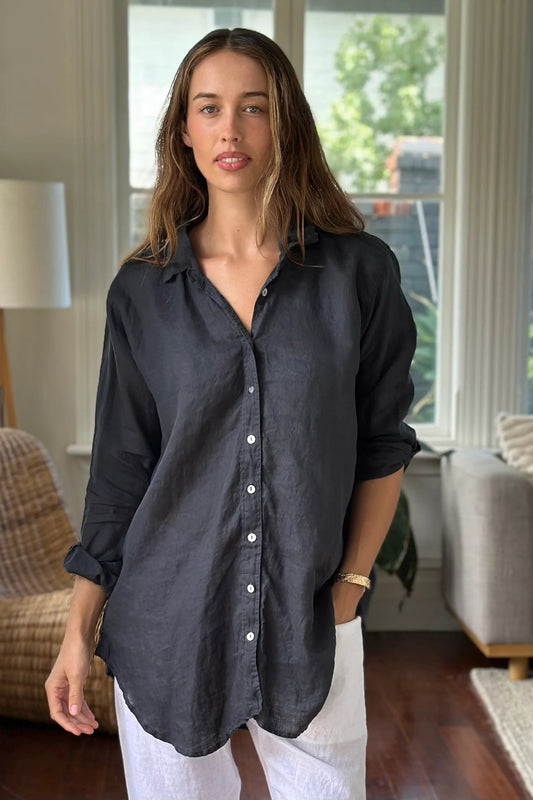Frockk charcoal linen button up Skyla shirt.