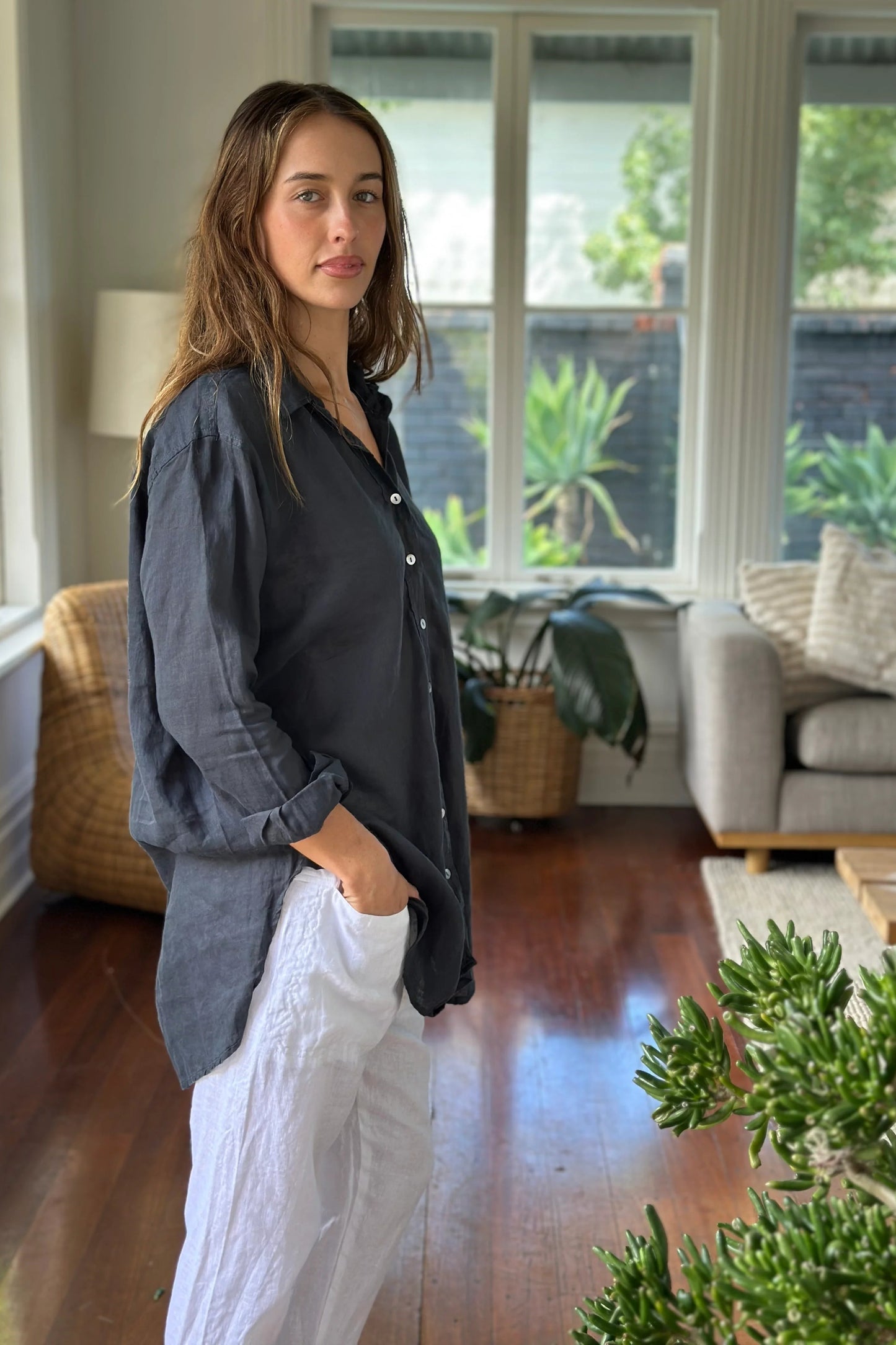 Frockk charcoal linen button up Skyla shirt.