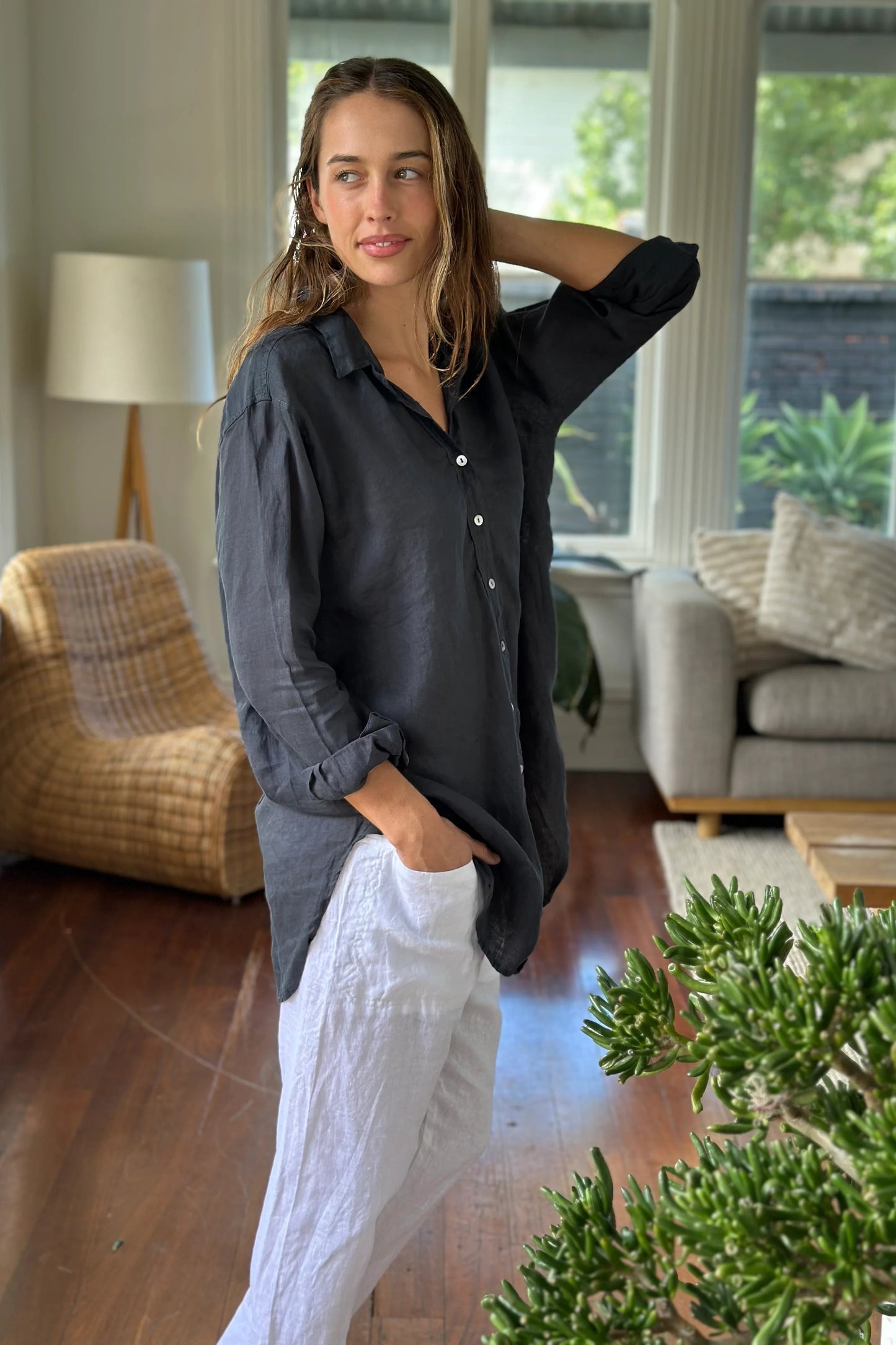 Frockk charcoal grey linen button up Skyla shirt.