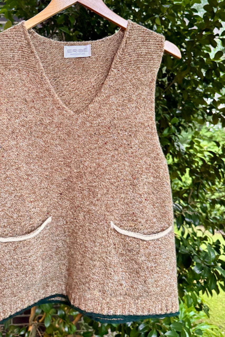 Eribe pure Shetland wool Tweed Nep vest in desert light sand brown.