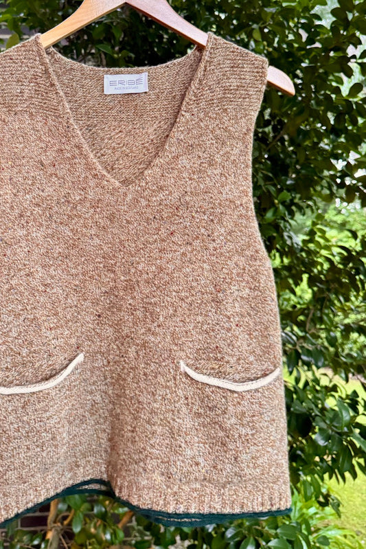 Eribe pure Shetland wool Tweed Nep vest in desert light sand brown.