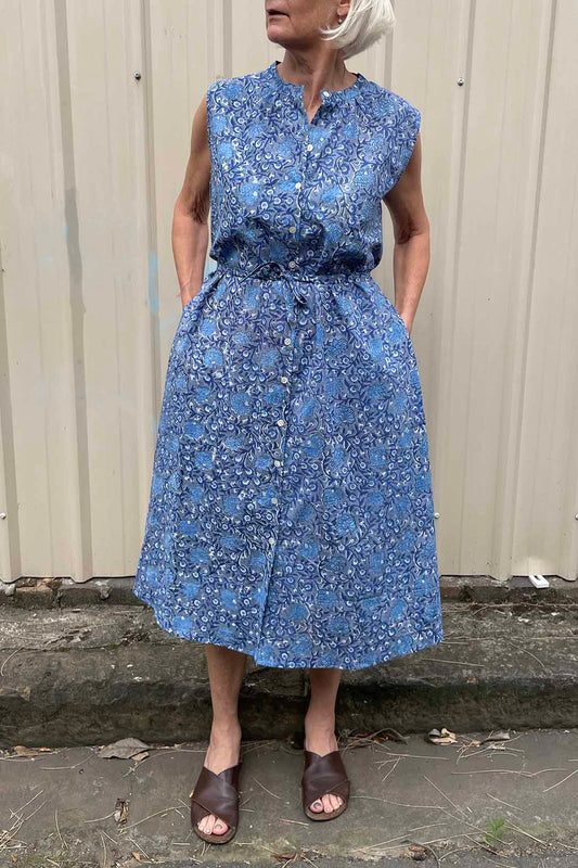 Zoe dress - blue grey blockprint