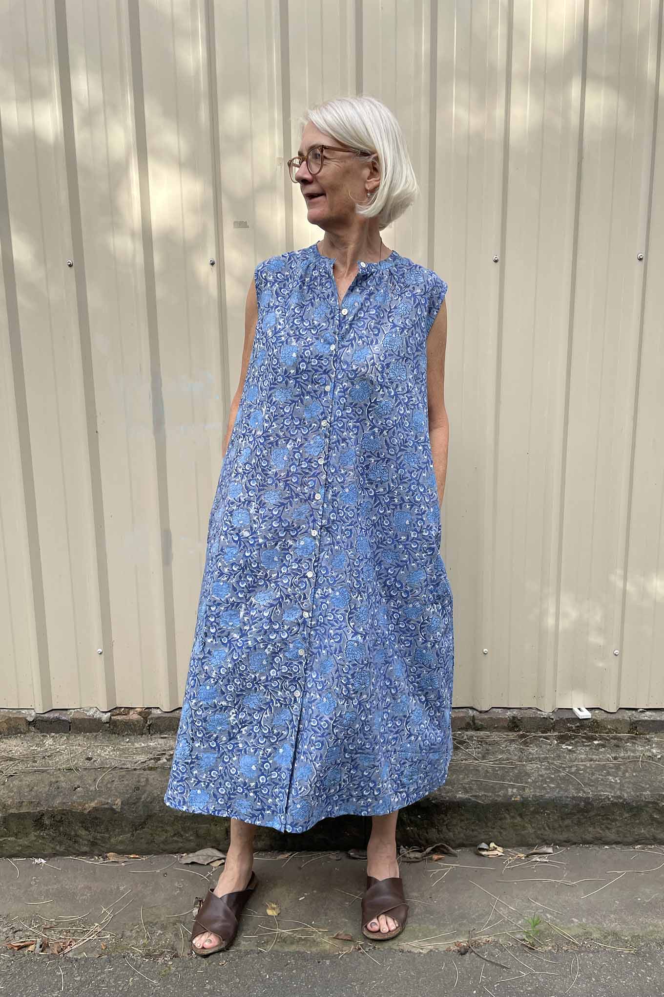 Zoe dress - blue grey blockprint