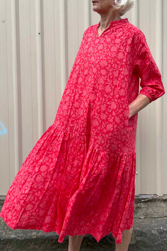 Juniper Hearth Gina dress, loose fitting three quarter sleeved frilled hem, cherry red pink blockprint floral in organic cotton.