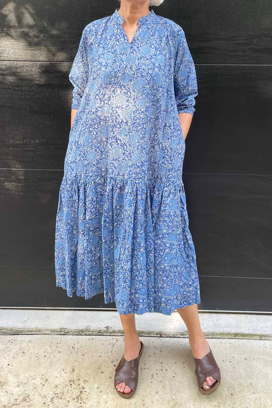 Gina dress - blue grey blockprint