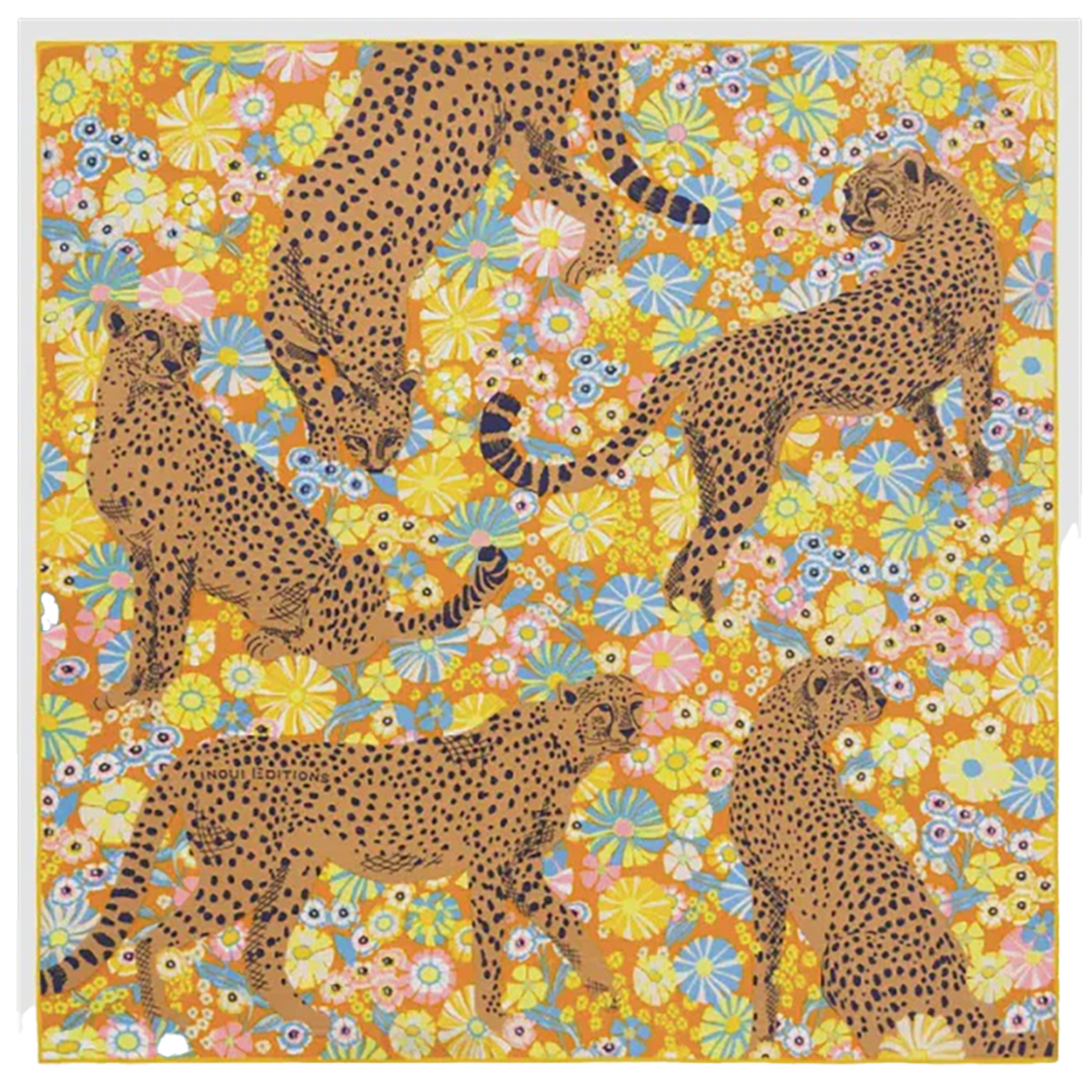 Inoui Editions Pampa daisy caramel scarf carre silk cotton cheetahs in field of flowers.