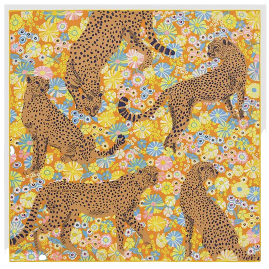 Inoui Editions Pampa daisy caramel scarf carre silk cotton cheetahs in field of flowers.