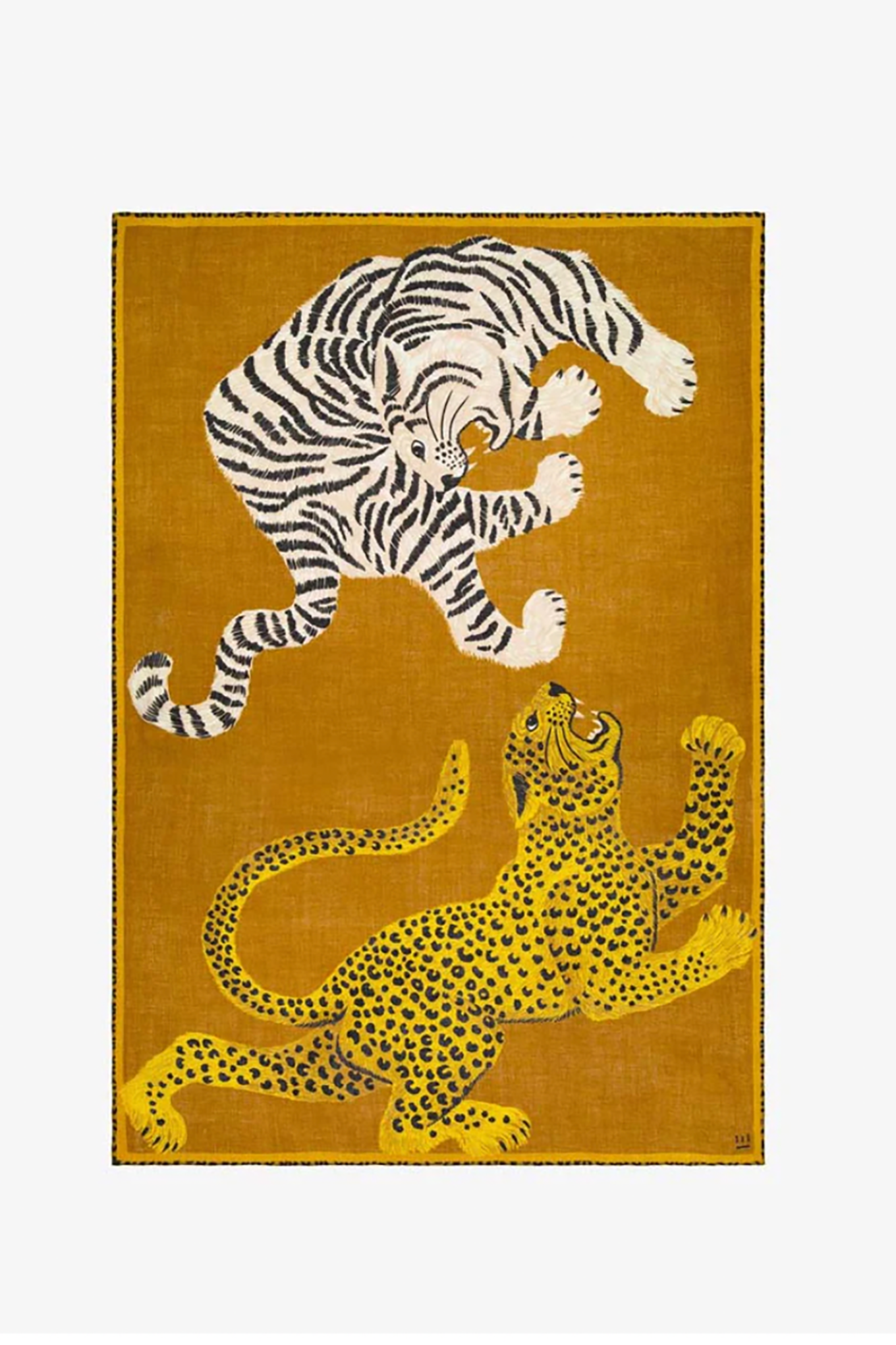 Inoui editions pure wool large scarf Chatou in golden brown, tiger and leopard.