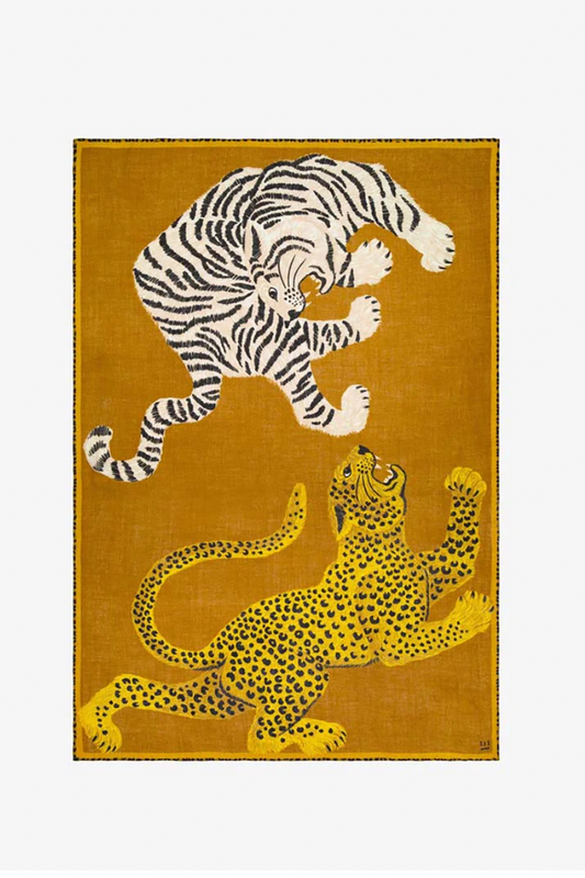 Inoui editions pure wool large scarf Chatou in golden brown, tiger and leopard.