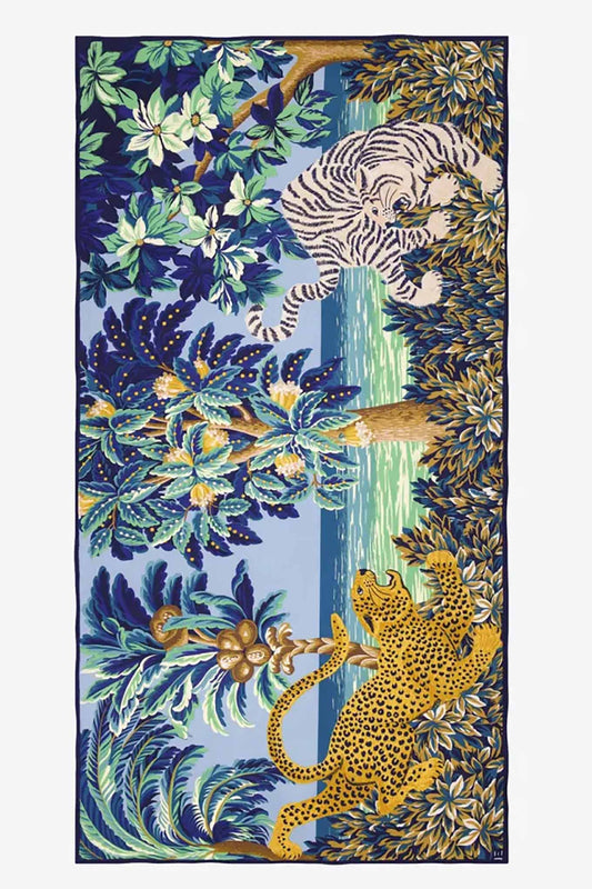 Inoui Editions silk cotton large scarf Chatou light blue, bug cats on a tropical island.