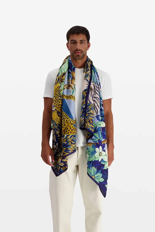 Inoui Editions silk cotton large scarf Chatou light blue, bug cats on a tropical island.