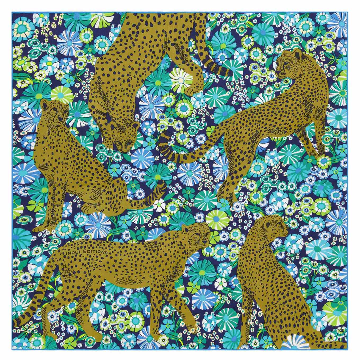 Inoui Editions Pampa daisy turquoise scarf carre silk cotton cheetahs in field of flowers.