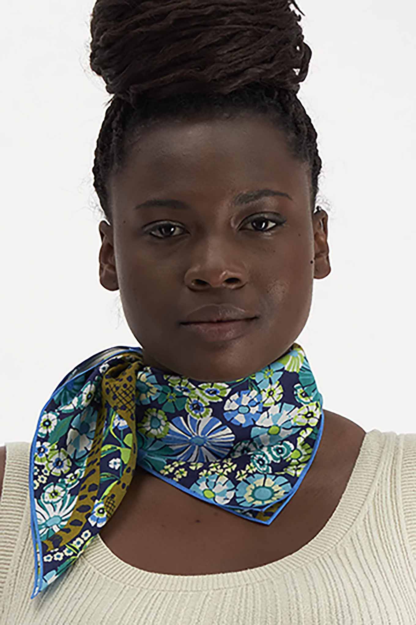 Inoui Editions Pampa daisy turquoise scarf carre silk cotton cheetahs in field of flowers.