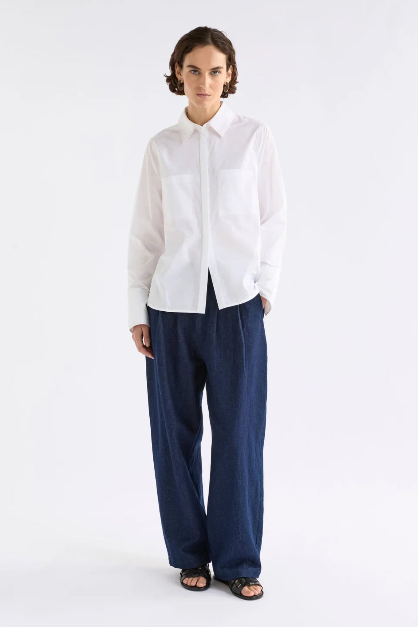 Elk Salli white organic cotton button up classic shirt with top stitch detailing.