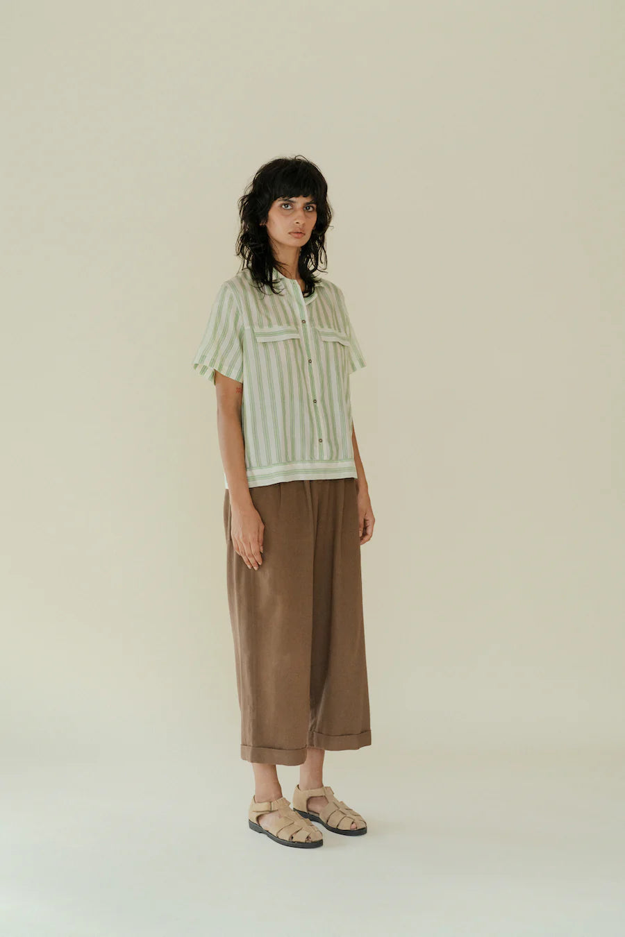 Runaway Bicycle Alfie short sleeve shirt in fine green on white stripe silk.