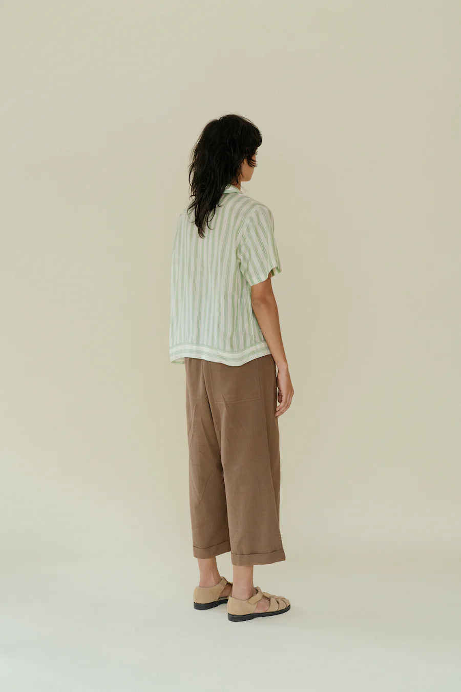 Runaway Bicycle Alfie short sleeve shirt in fine green on white stripe silk.