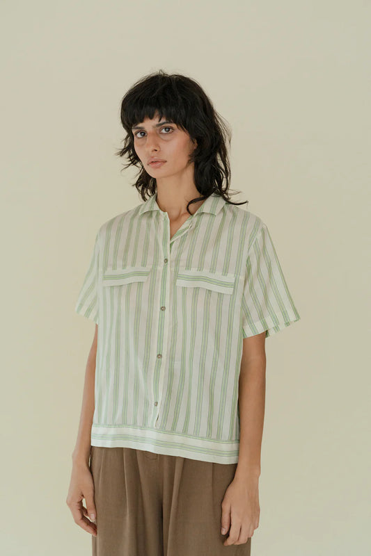 Runaway Bicycle Alfie short sleeve shirt in fine green on white stripe silk.