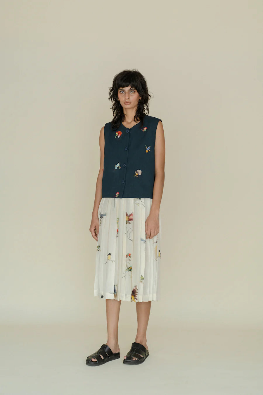 Runaway Bicycle Cara skirt in handloom silk featuring birds of paradise print.