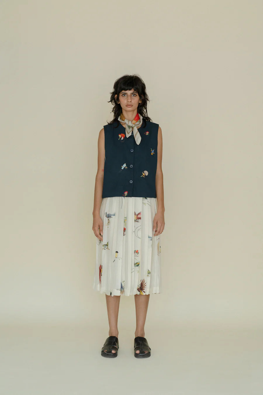 Runaway Bicycle Cara skirt in handloom silk featuring birds of paradise print.