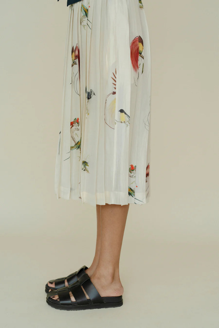 Runaway Bicycle Cara skirt in handloom silk featuring birds of paradise print.