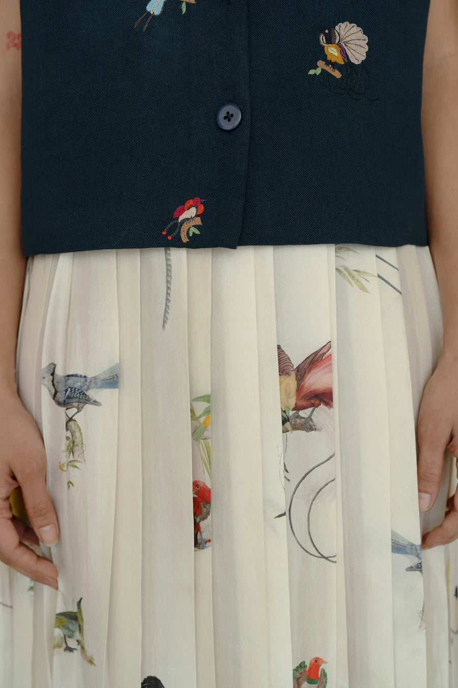 Runaway Bicycle Cara skirt in handloom silk featuring birds of paradise print.