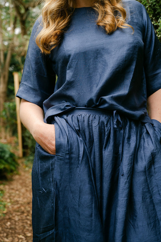 Studio Within x Juniper Hearth silk skirt in midnight blue.