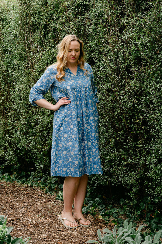 Juniper Hearth three quarter sleeve easy fit tunic dress in blockprinted cotton, blue and white floral design.
