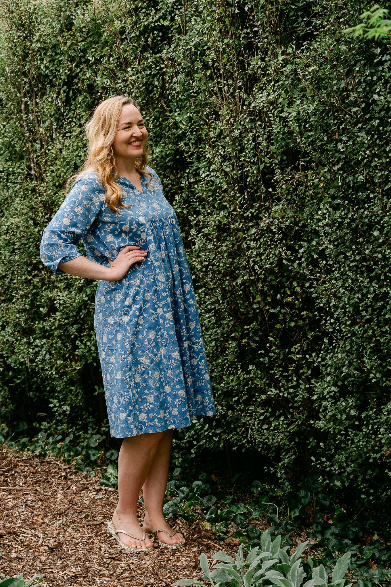 Juniper Hearth three quarter sleeve easy fit tunic dress in blockprinted cotton, blue and white floral design.