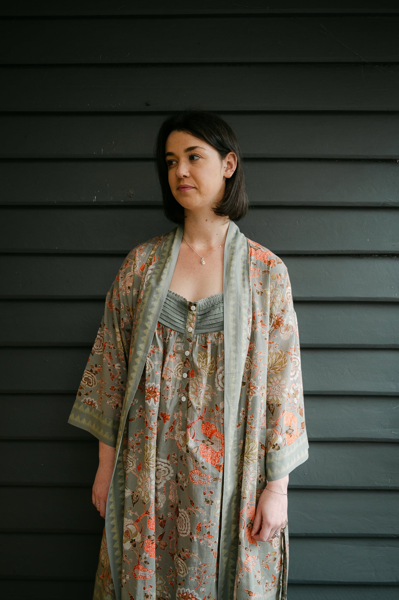 Pure cotton screenprinted one size kimono dressing gown in sage green floral print. With matching nightdress.