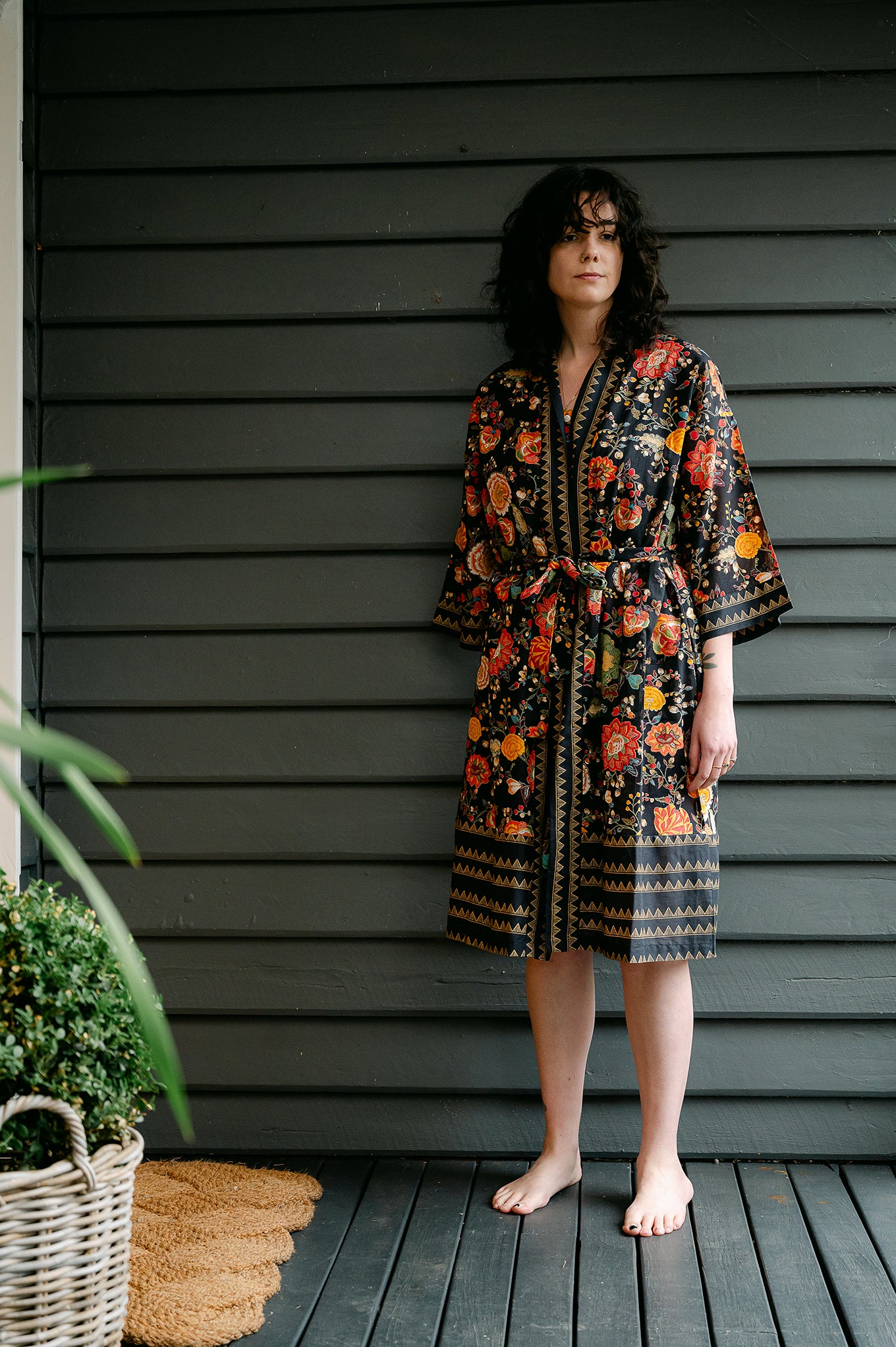 Juniper Hearth cotton voile kimono gown in Malabar black tropical floral print, coral, ecru and olive green on black.