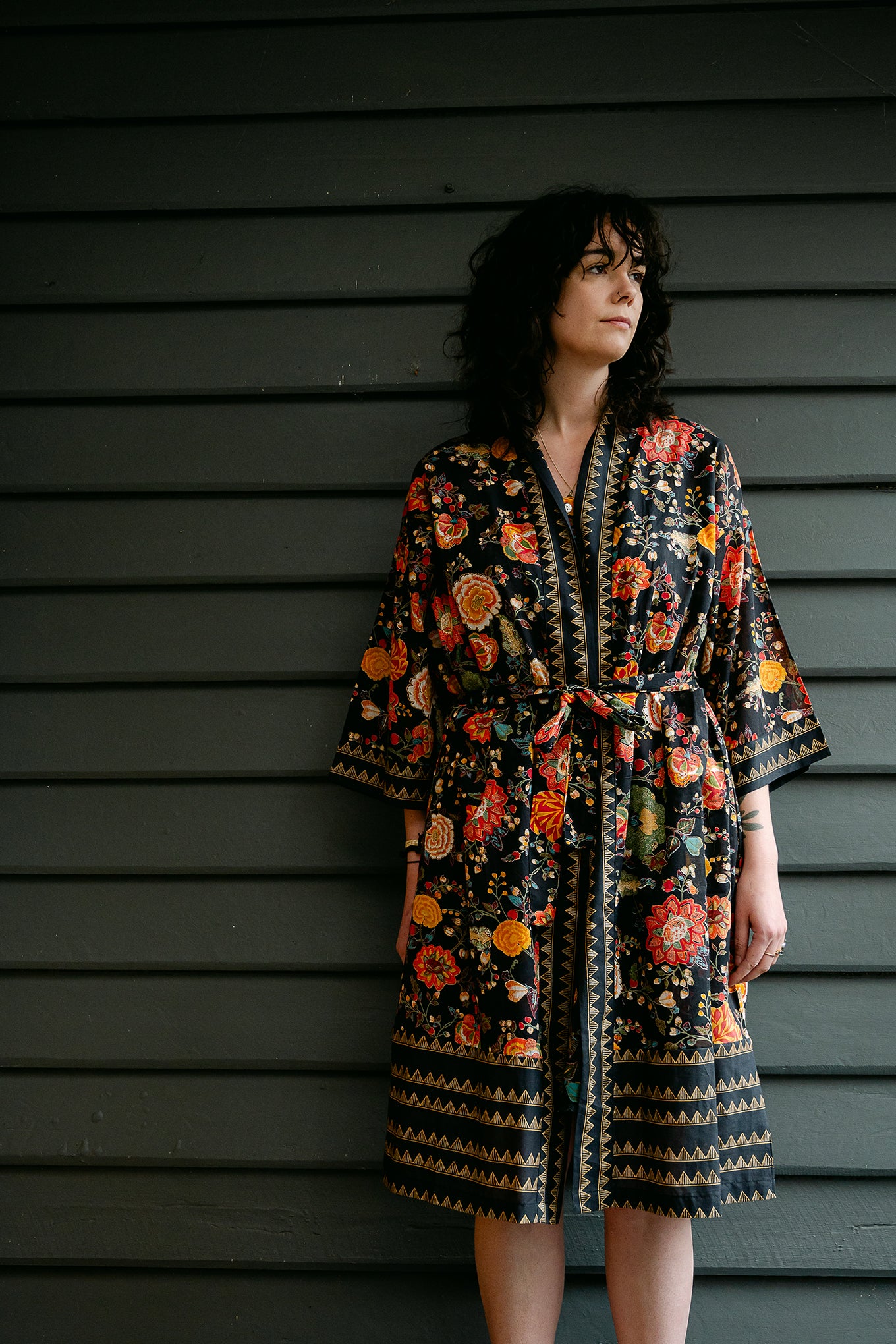 Juniper Hearth cotton voile kimono gown in Malabar black tropical floral print, coral, ecru and olive green on black.
