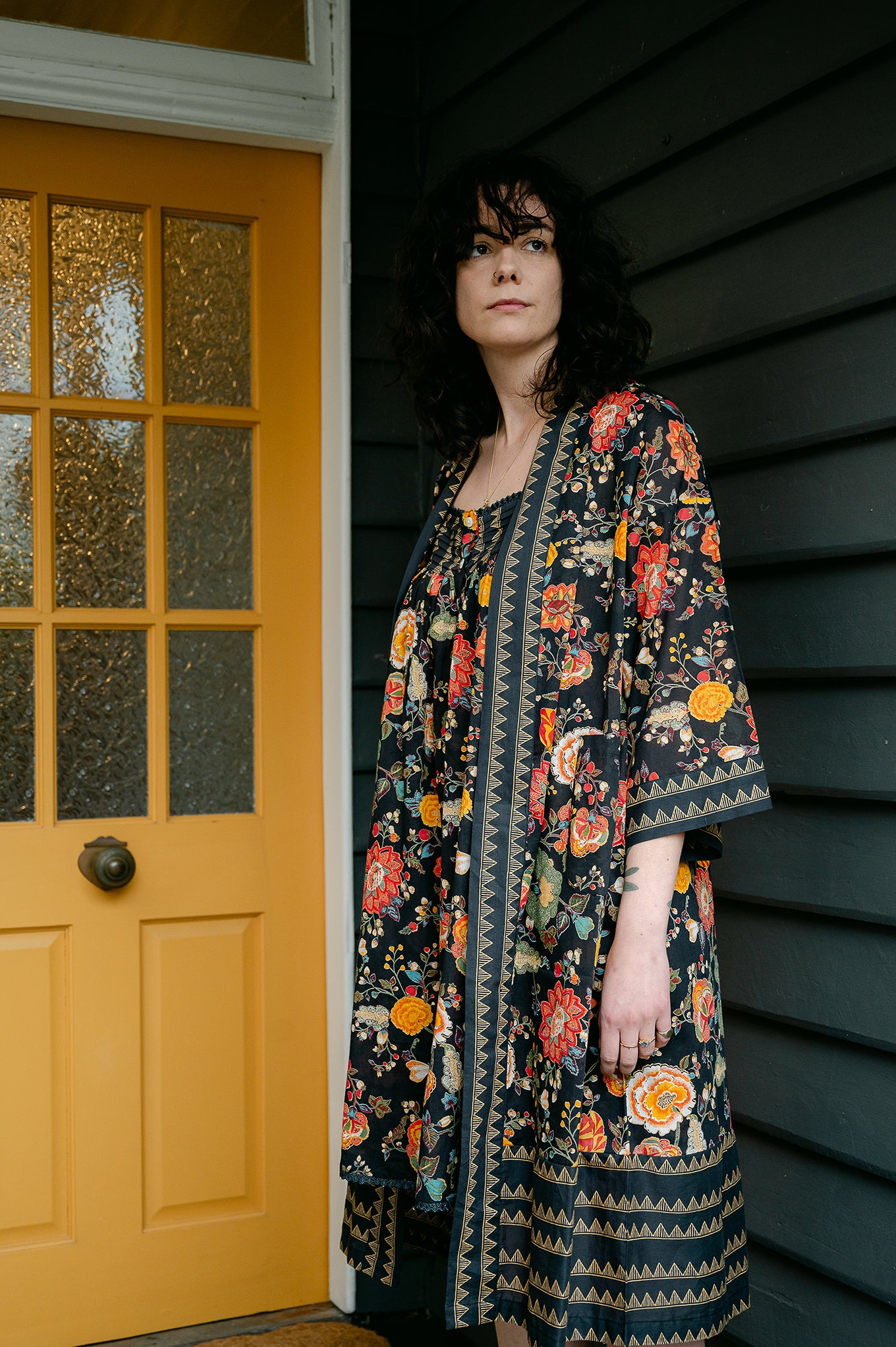 Juniper Hearth cotton voile kimono gown in Malabar black tropical floral print, coral, ecru and olive green on black.